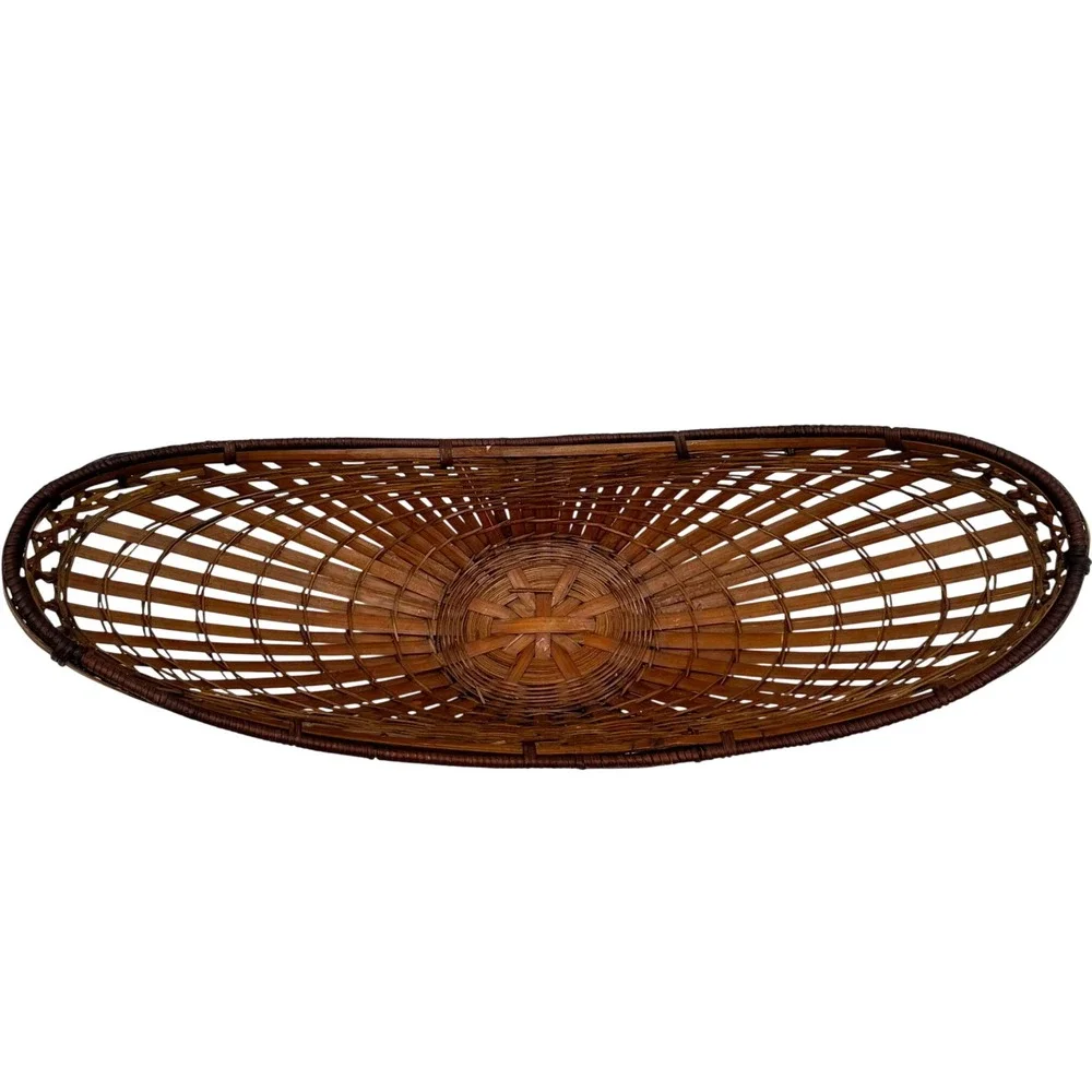 Vintage Bamboo Wicker Boat Basket 17in Brown MCM Fruit Centerpiece Bowl